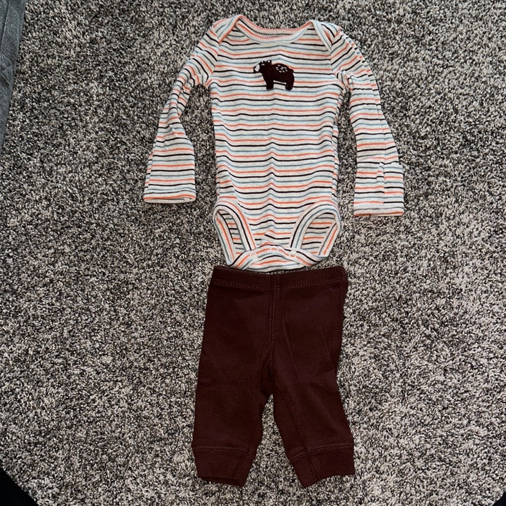 Carter's Brown Bodysuit One Pieces with Stripes and Animal Appliqué